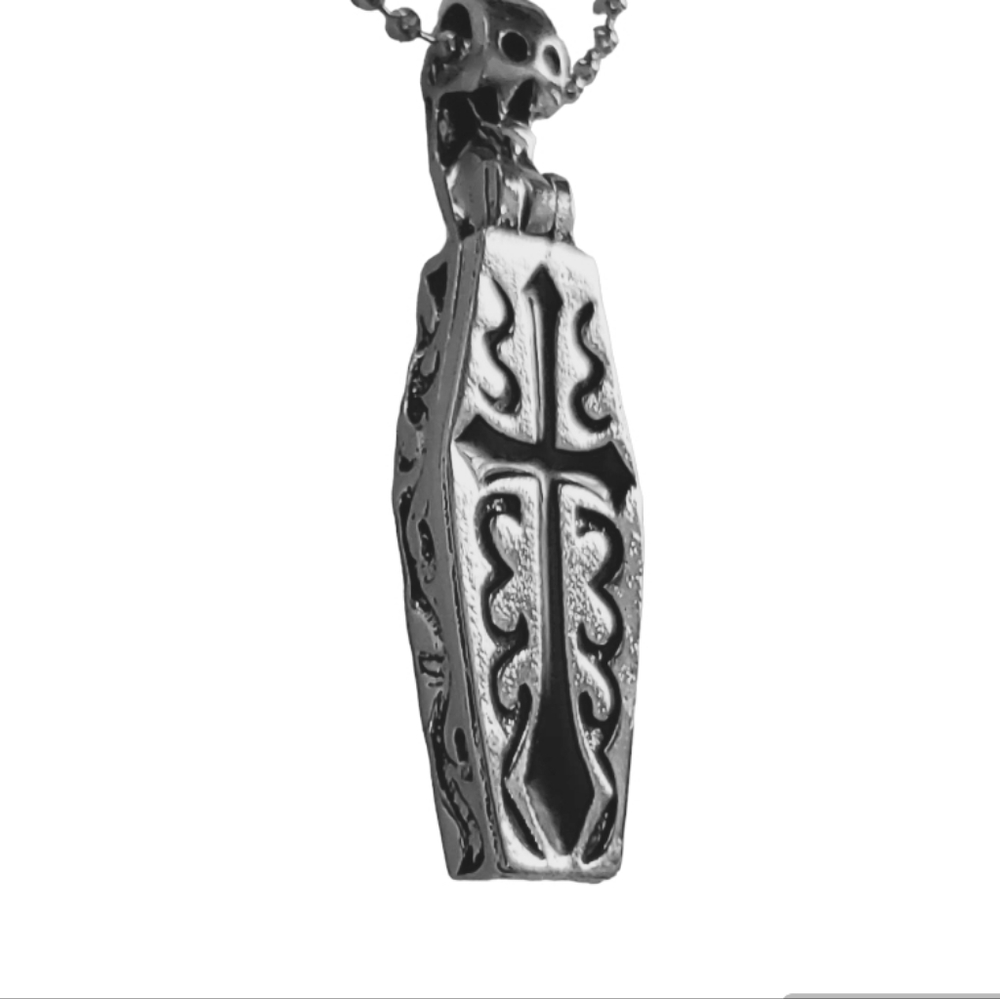 NWT Opening Coffin Skeleton Pendant Necklace Stainless Steel Silver Black - Picture 4 of 9